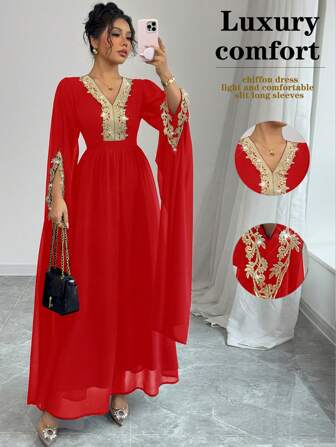 Rafferiza Elegant V-ringad spets midja-snurrande A-line chiffongrock, Modest Abaya, Graceful, Ramadan, Daily, Robe, Enfärgad