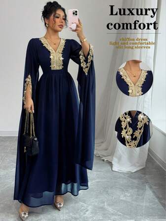 Rafferiza Women's Elegant V-Neck Lace Waist Cinched A-Line Cape Sleeve Chiffon Robe, Arab Ladies Fashion, Graceful, Ramadan, Casual, Abaya, Solid Color