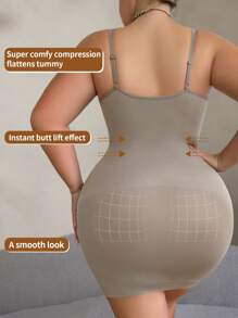 1pc Plus Size Solid Color Camisole Seamless Shaping Slip Dress - Mocha Brown - View 2