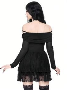 ROMWE Goth Off Shoulder Sexy Contrast Kant Zijkant Vetersluiting Super Korte Jurk