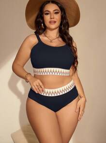 Swim Lushoire 2 件套大码女式细肩带文胸和下装套装时尚休闲沙滩泳装 - 藏蓝色 - 查看 4