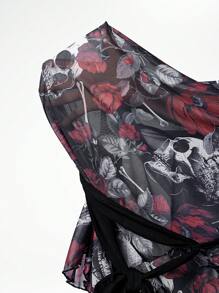 ROMWE Goth 大码哥特式玫瑰骷髅网眼印花长袍配腰带