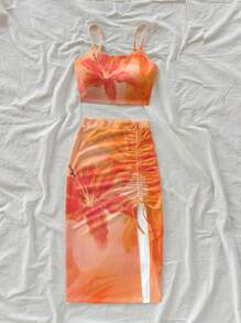 Soleia Bộ 2 món phong cách thường ngày đi nghỉ mát, họa tiết batik hoa ly cam và dâm bụt, gồm áo hai dây và chân váy thắt eo, thích hợp cho mùa hè đi chơi. - trái cam - Xem 4