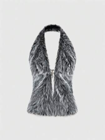Grunge Punk Black Holiday Party Music Festival Black White Fuzzy Ribbon Bow Backless Sleeveless Milenium Y2K Halter Sexy Vintage Fur Collar Cross Pendant Fur Tank Top For Women