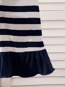 SHEIN Playful Pals Baby Girls' Casual Cute Ruffle Sleeve Striped Knit Dress, Summer Korean Style - Royal Blue - View 3