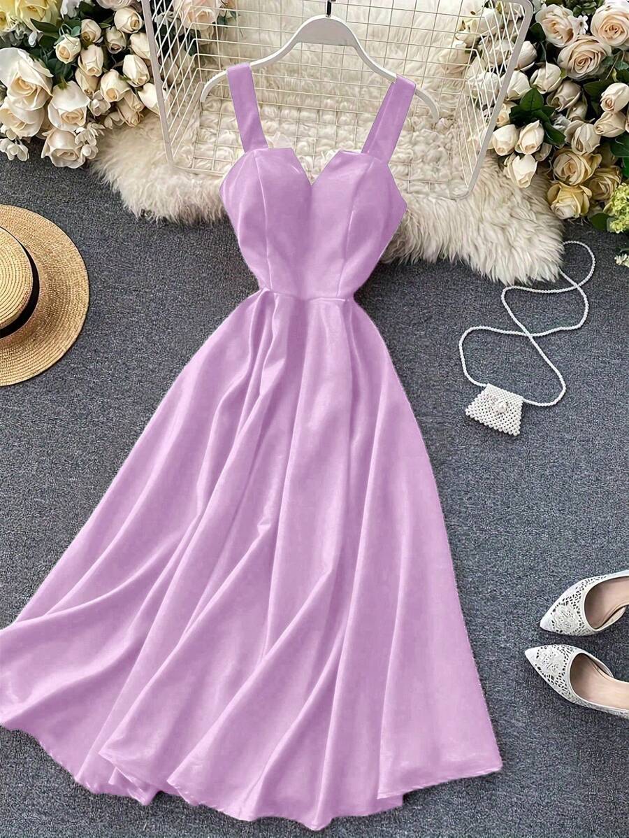 SHEIN Clasi 女士纯色简约日常细肩带秋千连衣裙新年衣服长款女士柔和色连衣裙 - 淡紫色 - 查看 1