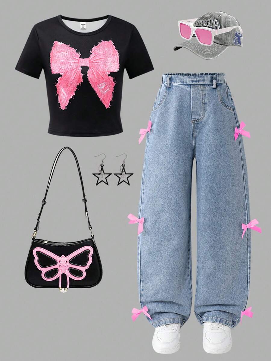 SHEIN 青少年女孩休闲两件套服装 - 蝴蝶结 T 恤和牛仔裤，适合日常穿着和通勤 - 彩色 - 查看 1