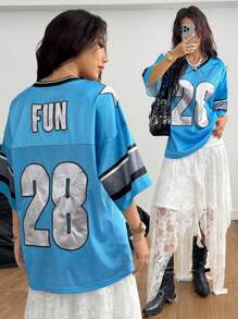 SHEIN EZwear T-shirt de football avec graphiques numérotés pour femmes - Bleu azur - Voir 2