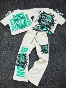 PAVTROS 男士青春街头INS热卖绿色大眼人物超大图案字母双面印花宽松长裤短袖立领T恤套装。男士两件套服装，说唱歌手服装 - 彩色 - 查看 1