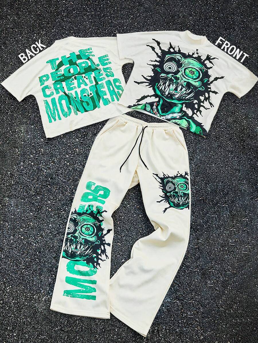 PAVTROS 男士青春街头INS热卖绿色大眼人物超大图案字母双面印花宽松长裤短袖立领T恤套装。男士两件套服装，说唱歌手服装 - 彩色 - 查看 1