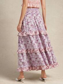 WESTFADE Spring Mixed Ditsy Floral Prints Smocked Waist Lace Crochet Trim Ruffle Tiered Maxi Skirt Summer Beach Vacation - Multicolor - View 2