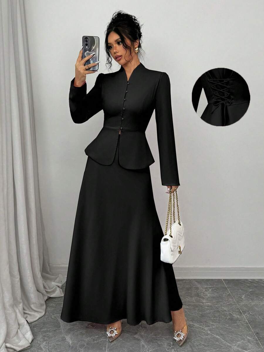 Elenzga 2 Pieces Set: Women Elegant Solid Color Jacket & Long Skirt Suit, Suitable For Commuting - Black - View 1