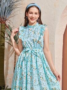 Ditsy Floral Teen Girl's Sleeveless Waisted Long Dress, Cute & Lively, Suitable For Outing, Spring/Summer - Multicolor - View 5