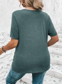 SHEIN Clasi Plus Size Vegetable Market Print Round Neck T-Shirt, Minimalist Fashion Style Suitable For Summer - Olive Green - View 2