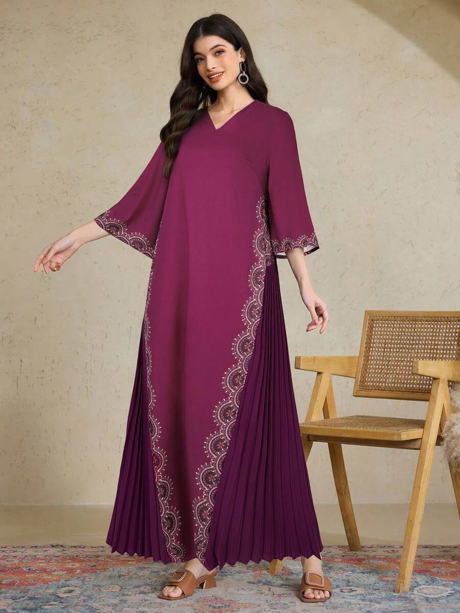 Al Najma Women's Floral Print Patchwork Pleated V-Neck Arabian Style Dress, Modest Kaftan