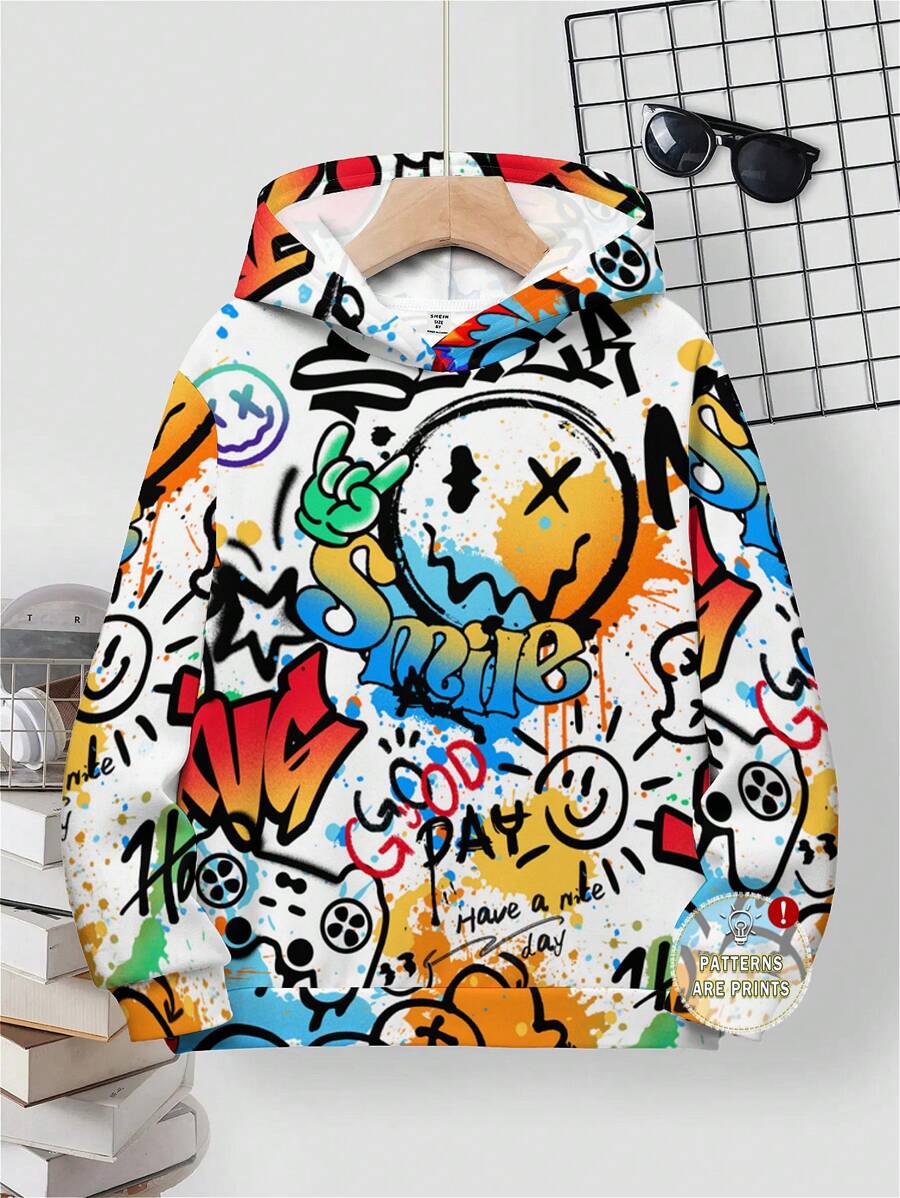 SHEIN Tween Boy Casual Loose Fit Graphic Print Pullover Hoodie Sweatshirt, Minimalist Style For Autumn/Winter