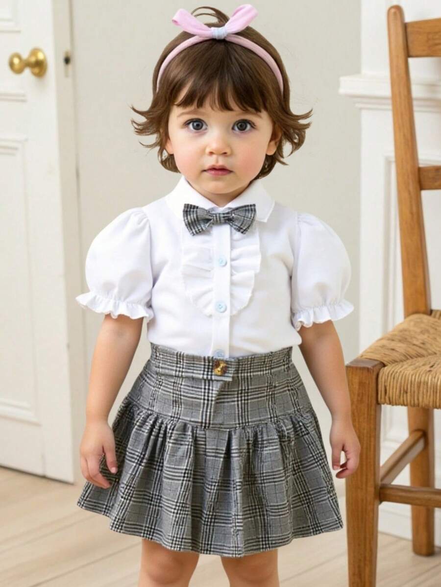 SHEIN Conjunto de ropa informal tipo universitario para niña, blusa con mangas abullonadas y ribete de volantes + falda plisada a cuadros, para primavera/verano - Blanco - Ver 1