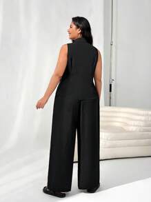 SHEIN EZwear Black Vest And Pants 2pcs Suit Set, Plus Size - Black - View 2