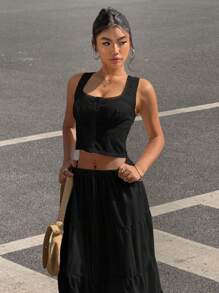 Muchica Women Summer Casual Solid Color Front Button Camisole And Skirt Set,Summer Sets - Black - View 4