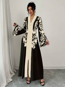 SHEIN PETITE Vestido largo de manga de campana con estampado floral bicolor negro y albaricoque, elegante para mujer de talla pequeña, para primavera/verano