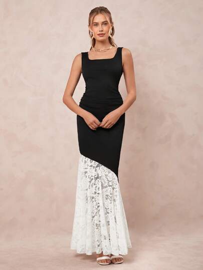 SHEIN Clasi Vestido negro elegante de ajuste ceñido con cuello cuadrado, con aplicaciones de encaje, para primavera/verano