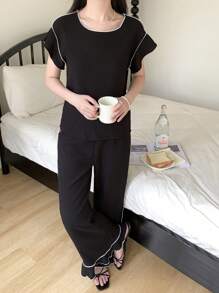 SHEIN 少女简约优雅撞色荷叶边短袖上衣和长裤编织睡衣套装
