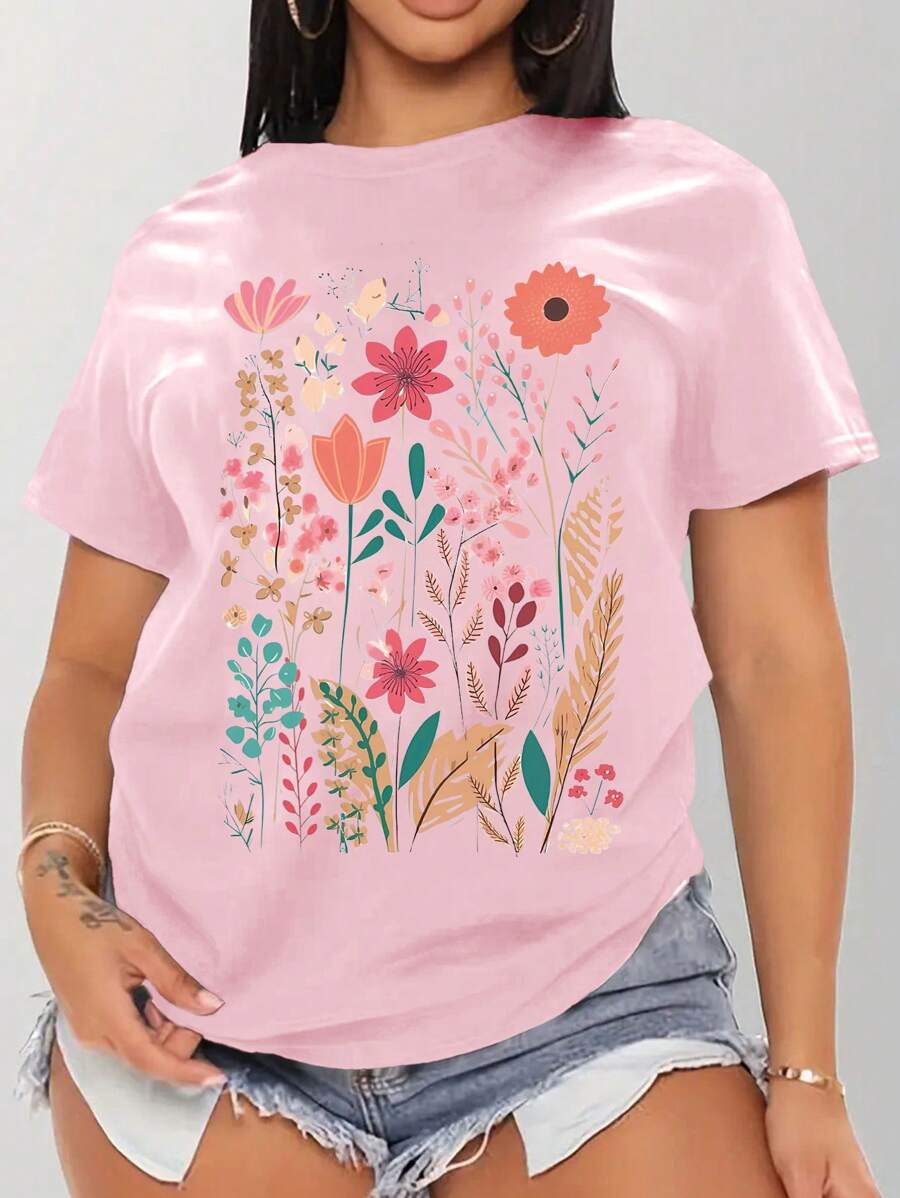 INAWLY Plus Size Round Neck Simple Fashion Short Sleeve T-Shirt, Suitable For Summer - Pink - View 1