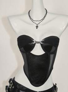 SHEIN ICON Women's Black Satin Crop Top, Strapless Sleeveless Cut Out Design With Chain Detail, Asymmetrical Hem - Black - View 1