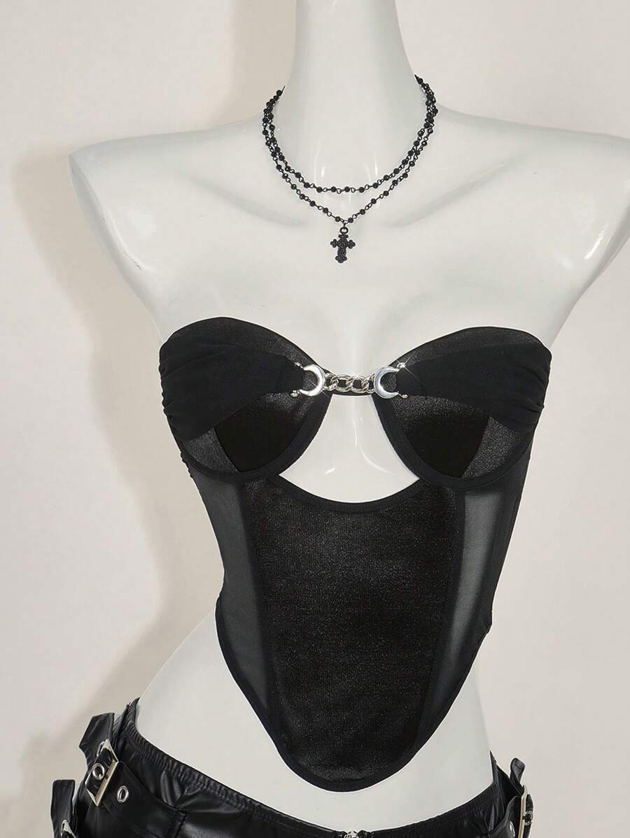 SHEIN ICON Women's Black Satin Crop Top, Strapless Sleeveless Cut Out Design With Chain Detail, Asymmetrical Hem - Black - View 1