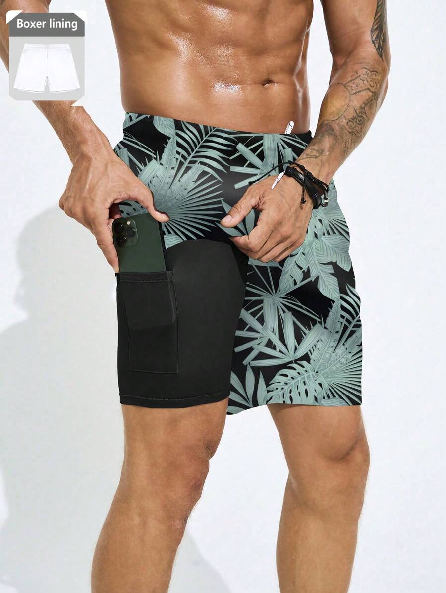 Manfinity Men's Drawstring Waist Tropical Plant Print Pocket Beach Shorts - Multicolor - View 1
