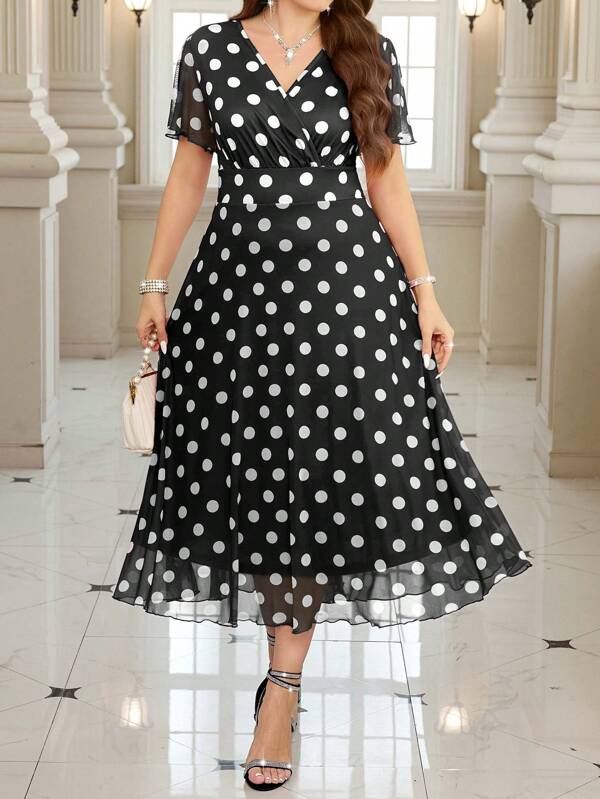 SHEIN Clasi Rochie de primăvară pentru femei, roșie, albă, cu buline din plasă, cu talie cinsă, rochie de dimensiuni mari, ținută romantică elegantă de Ziua Îndrăgostiților