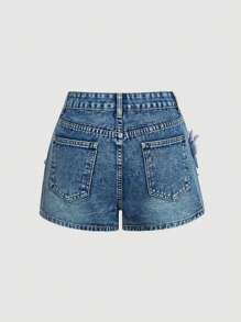 SHEIN MOD Damen Lässig Denim Shorts mit 3D Blumen Dekoration, Sommer - Blau - Übersicht 2