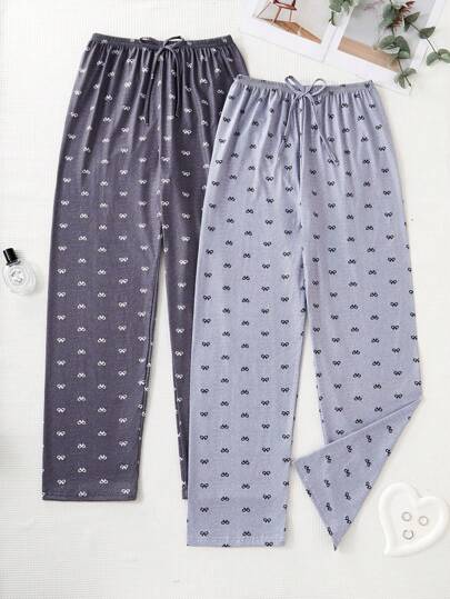 SHEIN 2pcs/Set Allover Print Bow Decor Casual Women Sleepwear Pants Set, Fall Winter Clothes