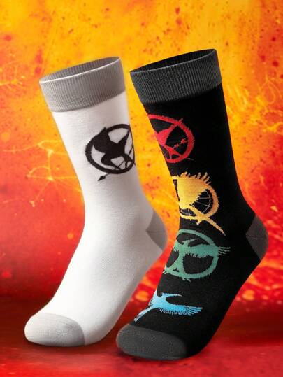 The Hunger Games X SHEIN 2 Pairs Breathable Soft Mid-Calf Socks, Bird Pattern, Reinforced Toe & Heel For Durability, Suitable For All Seasons, Black, White, Unisex,Men,Women