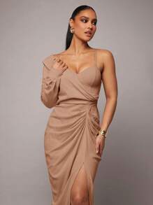 Silquee Women's Elegant Party Solid Color Open Shoulder Long Dress, Asymmetric Neckline, Built-In Bra Cup, Draped Design, High Slit, Suitable For Cocktail Parties, Romantic Dates, Formal Occasions - Khaki - View 5