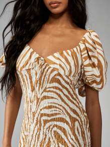 MISSGUIDED Vestito mini da vacanza estiva con stampa di zebra, maniche a palloncino, busto arricciato e scollo quadrato, per feste e vacanze