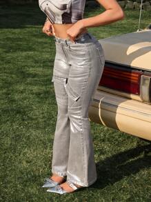 SHEIN ICON Damen Jeans mit Metall Dekor, Utility Taschen und Glockenform Beinen