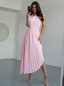 Firerie Abito lungo con arricciature, colletto alla coreana senza maniche, vita con patchwork, orlo arricciato, colore rosa, nuovo stile per San Valentino