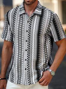 Manfinity RSRT Men's Casual Daily Wear, Perfect For Seaside Vacations, Featuring An INS-Style Bohemian Multicolor Vertical Striped Crochet-Knit Textured Jacquard Short-Sleeve Casual Vacation Shirt. It Has Button Detailing, Making It Suitable For Hawaiian Beach Getaways, Music Festivals, And Everyday Wear. This Shirt Also Makes A Great Gift For Boyfriends Or Husbands. Men's Multi-Color Striped Textured Fabric Short Sleeve Shirt , Summer Shirts For Men , Casual Shirts For Men , Vintage Shirts For Men