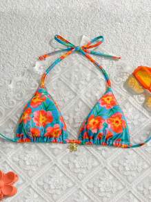 Swim Mod Zomerstrand, halter triangel bikinitop met willekeurige bloemen en metallic decoratie