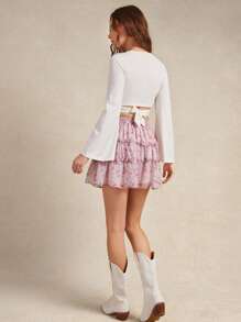 WESTFADE 夏季花卉印花雪纺荷叶边分层迷你西部牛仔女海滩度假裙 - 藕粉色 - 查看 5