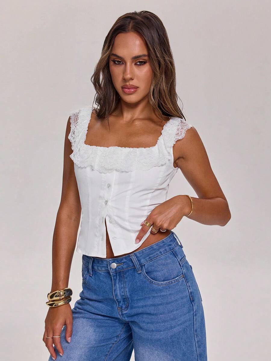 SHEIN BAE Women's Spring Summer Romantic Vacation Bohemian White Lace Ruffle Collar Single Breasted Fashion Shirt Tops,Western Wear Women,Rave Festival - White - View 1