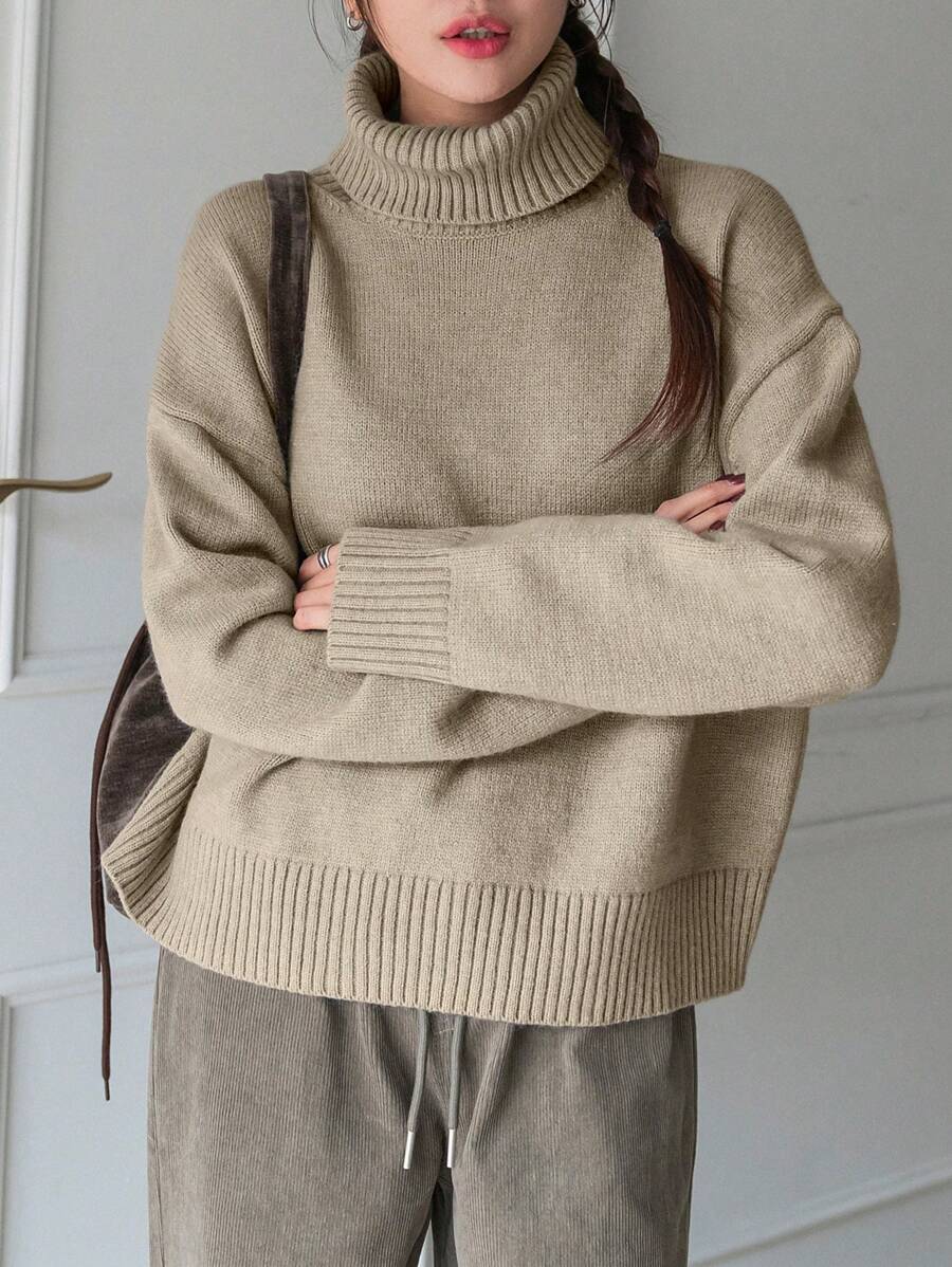 DAZY Turtleneck Drop Shoulder Sleeve Sweater,Long Sleeve Tops,Fall Women Clothes - Khaki - View 1