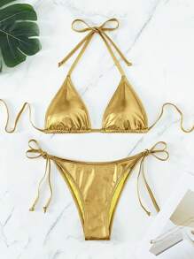Swim Mod Women's Summer Beach Solid Color Metal Texture Halter Tied Sexy Bikini 2 Pieces Swimwear Set - Yellow - View 4