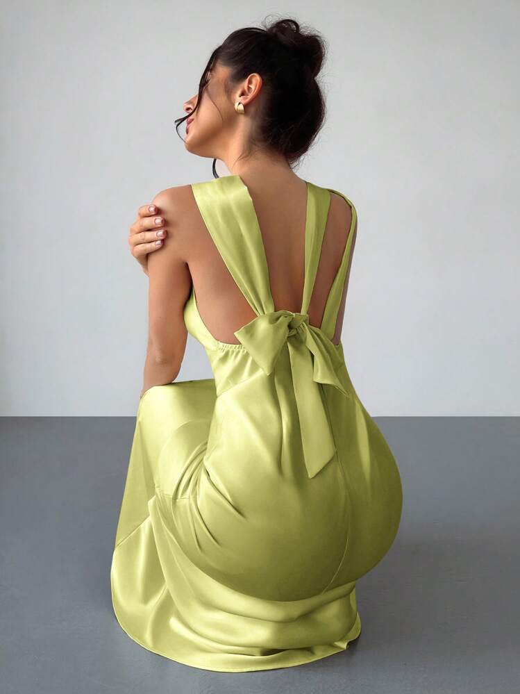 yellow backless silk dress Satin Open Back Dress in Yellow
