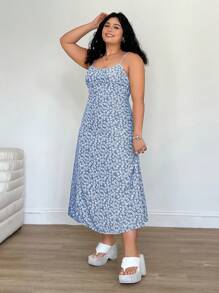 Solflare Plus Size Women Beach Vacation Outfits,White Ditsy Floral Green Strap Dress,Spring Summer Clothes Milkmaid Dress