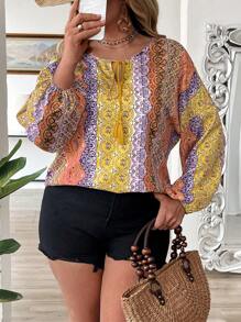 SHEIN LUNE Plus Size Bohemian Pattern Printed Tassel Tie Shirt, Summer Holiday - Yellow - View 5