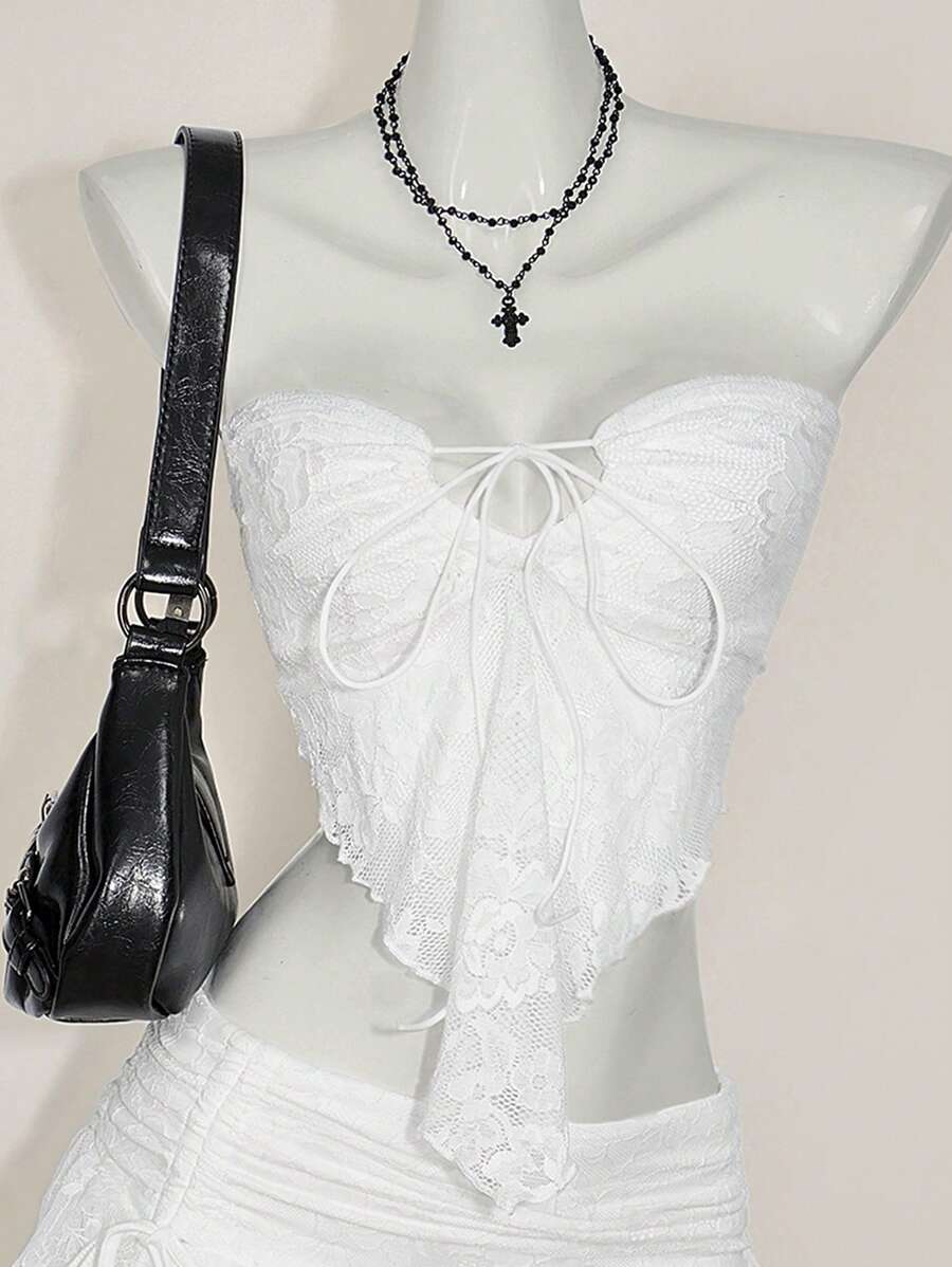 SHEIN ICON 蕾丝拼布短款吊带上衣（带抽绳） - 白色 - 查看 1