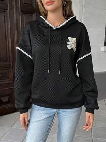 SHEIN Unity Sudadera de mujer petite con diseño de parches, estilo coreano de bordado de concha delgada para principios de otoño - Negro - Ver 4