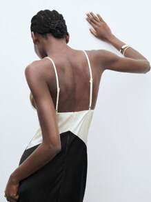 Maija Black & White Contrast V-Neck Sleeveless Bodycon Midi Dress, Elegant Backless Design, Suitable For Wedding Guest Outfit, Spring Clothes Women Valentines Day Elegant Party Dress - Black and White - View 6